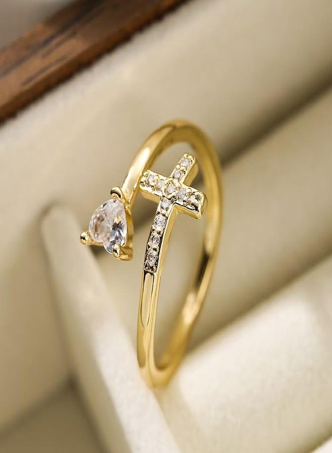 DATOA Gold Cross Heart Ring Cubic Zirconia Open Adjustable Ring Religious Christian Faith Jewelry for Her-Gold - Image 4